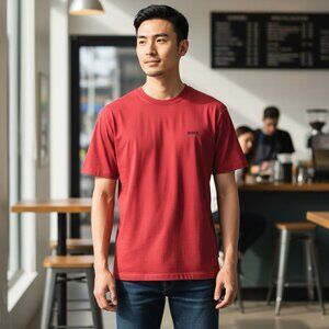 BOSS Hugo Boss Stretch Cotton Red T-Shirt Embroidered Logo Crew Neck Large NWOT